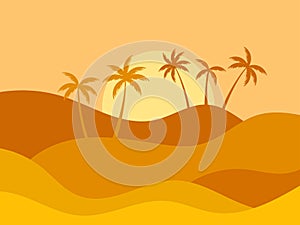 Desert landscape with palm trees and sand dunes. Silhouettes of palm trees at sunrise in the desert. Wavy landscape with sand