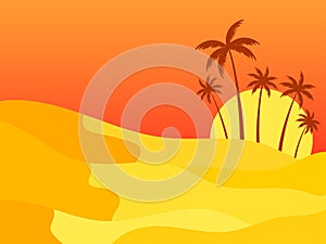 Desert landscape with palm trees and sand dunes. Sunrise in the desert, sand dunes with silhouettes of palm trees. Design for
