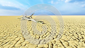 Desert landscape with a parched tree trunck as a metaphor for global warming and climate change