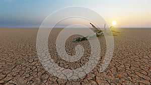 Desert landscape with a parched tree trunck as a metaphor for global warming and climate change