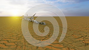 Desert landscape with a parched tree trunck as a metaphor for global warming and climate change