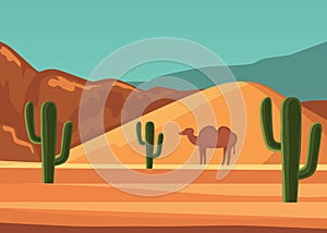 Desert landscape poster with cartoon camel vector illustration. Sandy wilderness with cactuses, mountains, rocks and