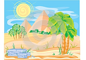 Desert landscape with pyramids of palm trees and a small oasis in the sand, vector illustration