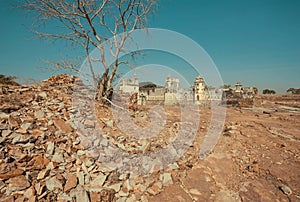 Desert landscape with ruins of ancient cities and walls of the palace in India. Natural indian rural area of Rajasthan