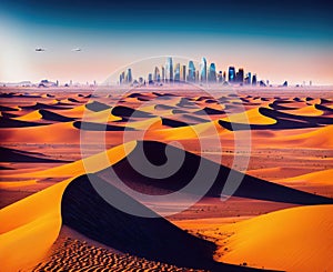 A desert landscape with sand dunes and a city in the distance.