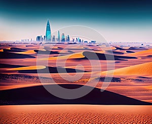 A desert landscape with sand dunes stretching as far as the eye can see.