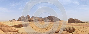 Desert landscape, sand, rocks and mountain panorama