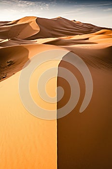 Desert landscape with sharp dune top. Sunrise view of the sand desert of Erg Chebbi. Vertical line
