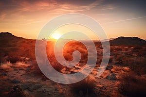 desert landscape with sunrise, featuring the pink and orange hues of the rising sun