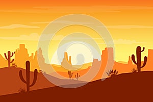 Desert landscape at sunset with cactus and hills silhouettes background