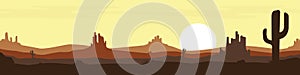Desert landscape. Sunset in the desert with mountains and cactus. Cartoon style. Vector illustration
