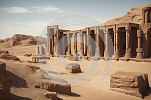 desert landscape with towering columns, stone friezes and intricate carvings of past civilizations