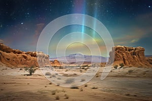 desert landscape under starry sky with moonbow