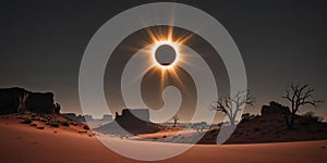 Desert landscape under total solar eclipse with dramatic shadows and lighting
