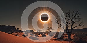 Desert landscape under total solar eclipse with dramatic shadows and lighting.