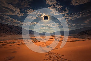 Desert landscape under total solar eclipse with dramatic shadows and lighting