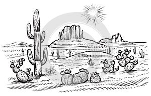 Desert landscape vector illustration with saguaro and opuntia blooming cactus.