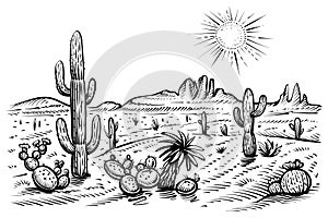 Desert landscape, vector sketch. Hand drawn wild west scene.