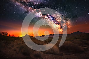 desert landscape, with vibrant sunsets and twinkling stars above, in dramatic sky