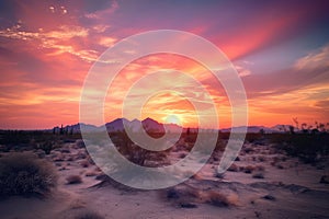 desert landscape with vivid sunrise and sunset skies, featuring the warm colors of sunrise and cool hues of sunset