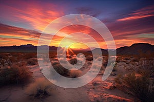 desert landscape with vivid sunrise and sunset skies, featuring the warm colors of sunrise and cool hues of sunset