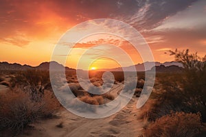 desert landscape with vivid sunrise and sunset skies, featuring the warm colors of sunrise and cool hues of sunset