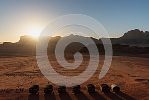 Desert landscape, Wadi Rum desert in Jordan at sunrise. Bedouin camp site