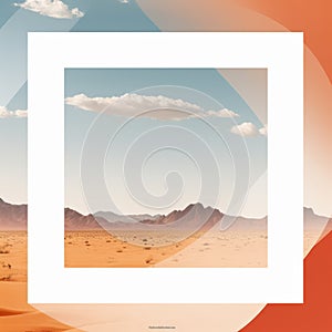 a desert landscape with a white square frame and a blue sky