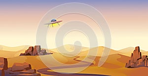 Desert landscape. Wild west panorama. Flying saucer in sky. USA country nature. UFO theme silhouette banner. Alien