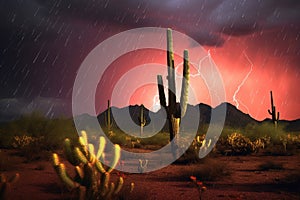 desert lightning storm with cacti silhouettes