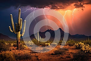 desert lightning storm with cacti silhouettes