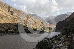 Desert-like landscape of Afghanistan with a river in the Pamir Mountains