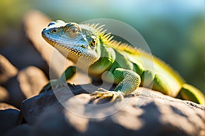 desert lizard basking under scorching sun, 3d rendering of reptile on rocky terrain with arid desert backdrop