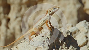 Desert lizard posing on sunlit rock with sandy background