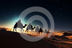 Desert magic unfolds camel caravan silhouetted against a star speckled night