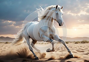 Desert Majesty: Beautiful White Horse Galloping Across Arid Sands