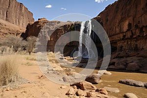 desert mirage of towering waterfall, surrounded by arid desert landscape