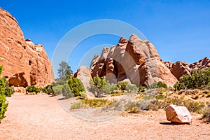 Desert Moab in Utah. Rocks of sandstone in Arches National Park. Journey to the West USA, National Parks of America