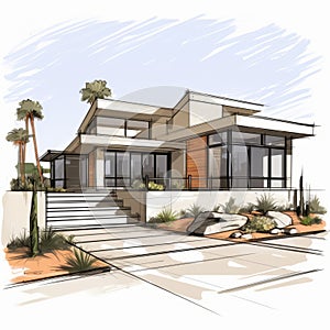 Desert Modern House Sketch Photorealistic Rendering With Earth Tones