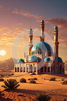 Desert Mosque at Sunset - Vibrant 3D Matte Digital Art