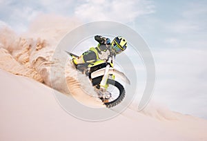 Desert, motorbike and person with sports, ride and journey with freedom, training for competition and challenge. Outdoor