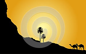 Desert Mountain palm trees Silhouette landscape Background vector illustration wallpaper islamic theme