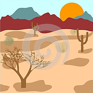 Desert, mountains, cactuses and tumbleweed