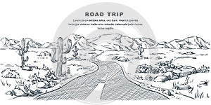 Desert and mountains road landscape. Vector sketch illustration. Nature environment and travel hand drawn background