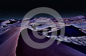 Desert of namib at night with orange sand dunes and starry sky