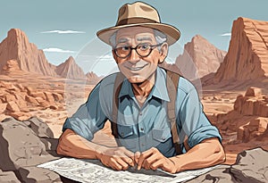 Desert Navigator: Explorer with Map Amidst Towering Plateaus photo