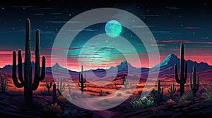 Desert Night Landscape with Cacti and Mountains, AI Generated