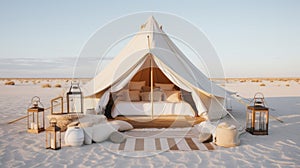 Desert night resort. Glamping arabic tents. Desert camp