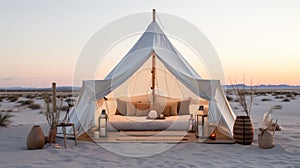 Desert night resort. Glamping arabic tents. Desert camp