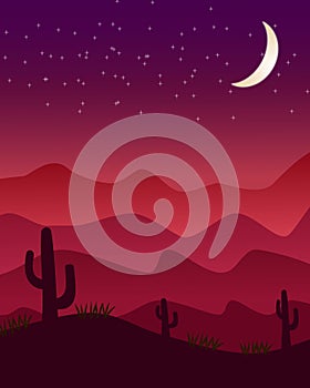 Desert Night View silhouette background with wild cactus